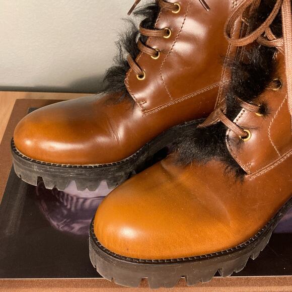 Prada Tobacco Burnished Leather Fur Combat Boot Orig $1400 Sz 38 / 7.5 8~ Mint - Picture 5 of 12